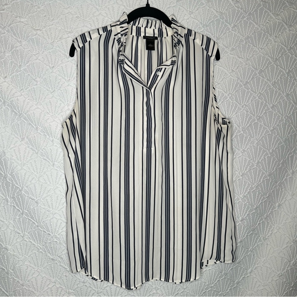 Navy and White Striped ruffle collar blouse sleeveless